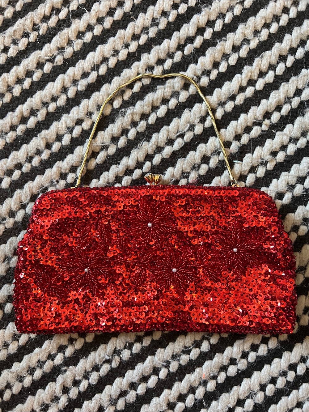 Red Sequin Evening Clutch Bag with Gold Handle